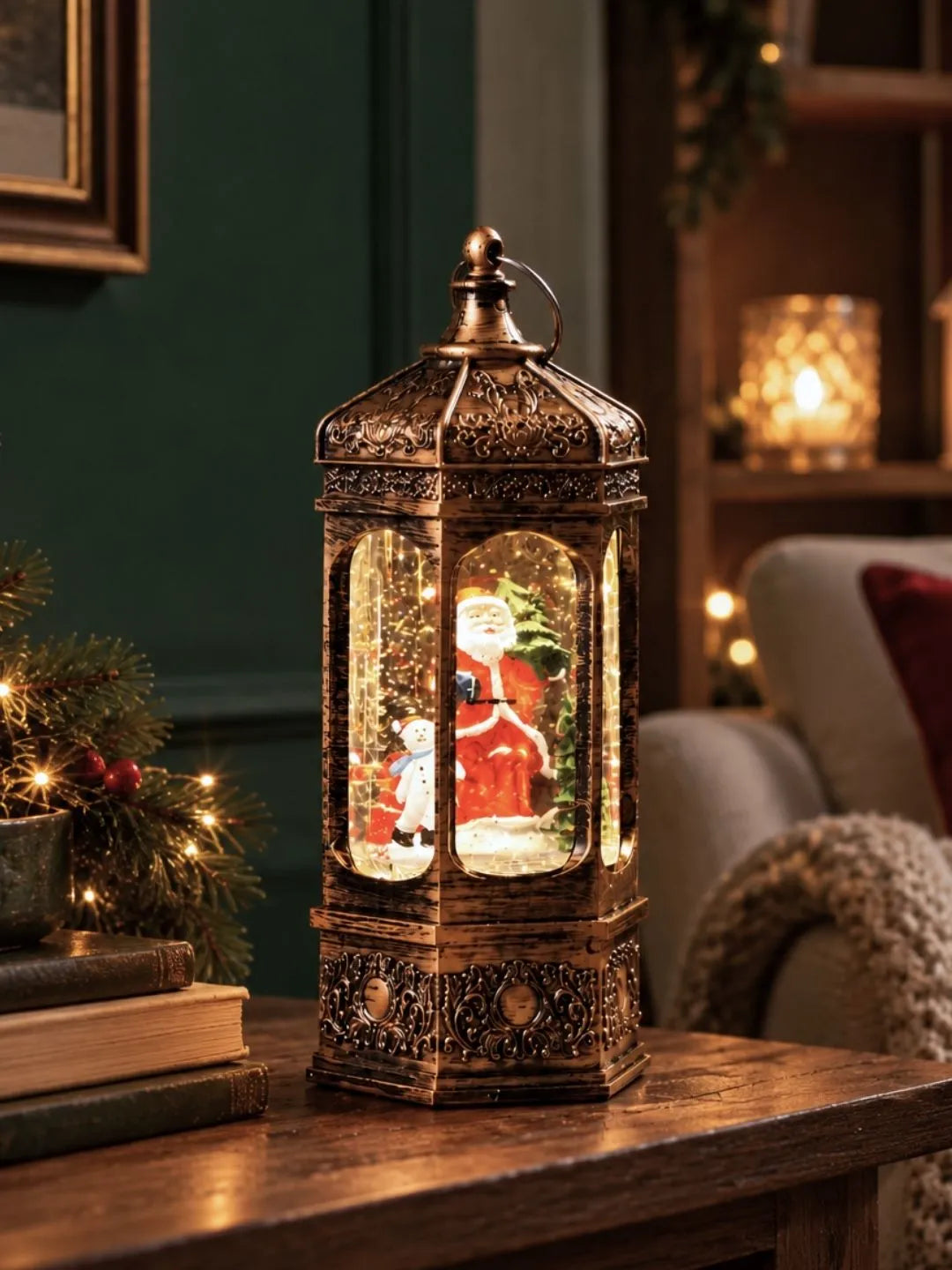 Santa Rotating Antique Lantern with Musical Glitter Water and Lights, Christmas Home Décor