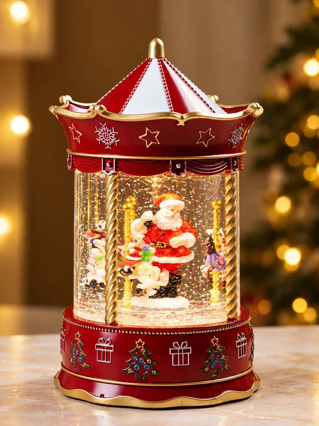 Santa Rotating Carousel, with Musical Glitter Water& Lights, Christmas Home Décor
