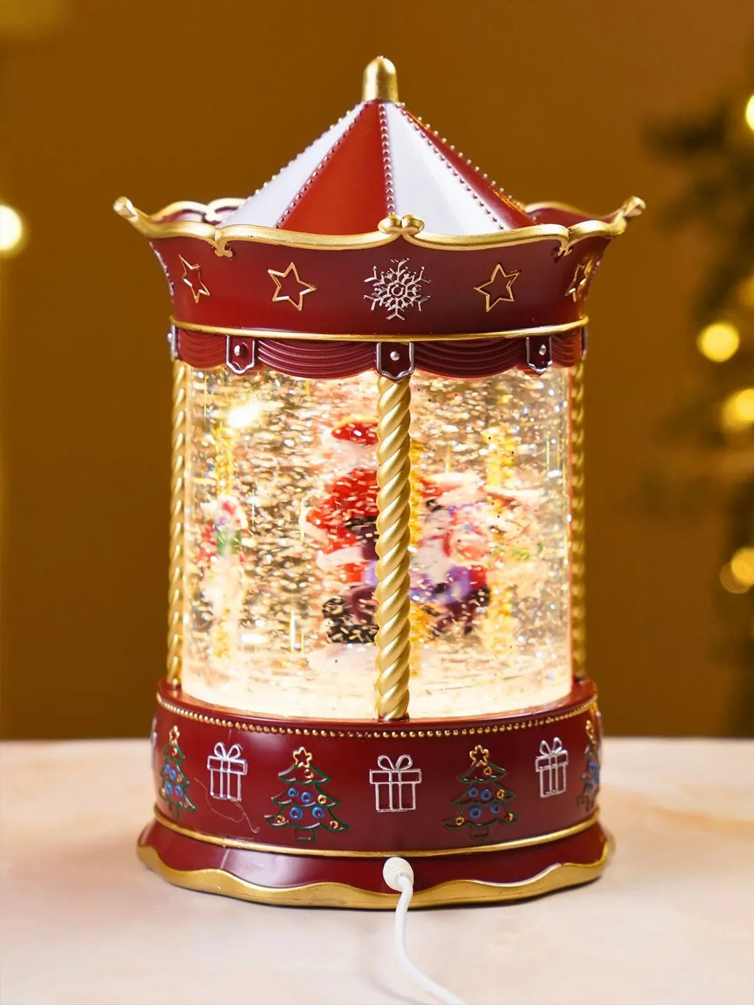 Santa Rotating Carousel, with Musical Glitter Water& Lights, Christmas Home Décor