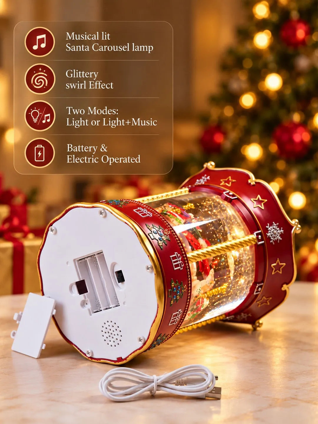 Santa Rotating Carousel, with Musical Glitter Water& Lights, Christmas Home Décor