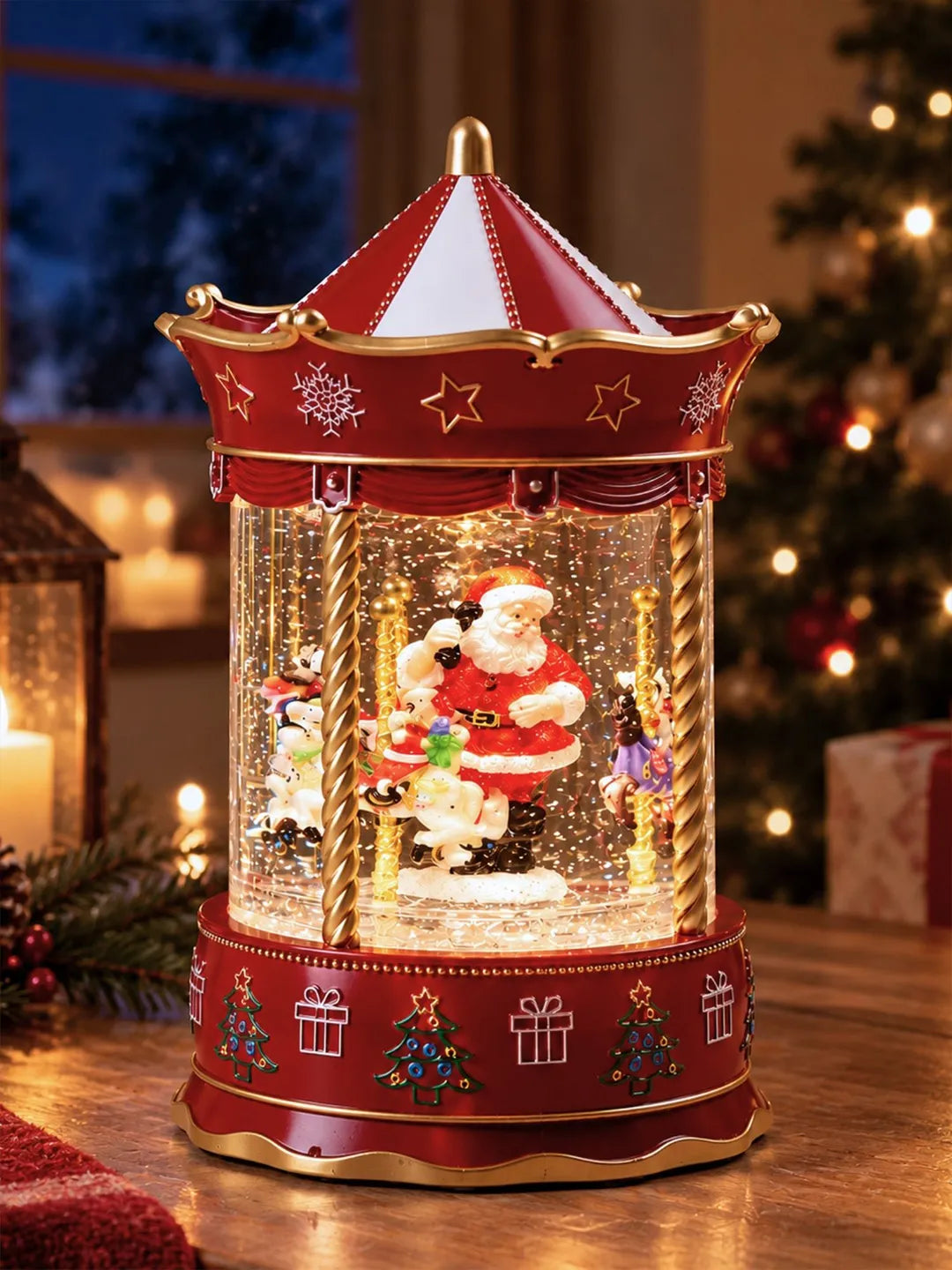 Santa Rotating Carousel, with Musical Glitter Water& Lights, Christmas Home Décor