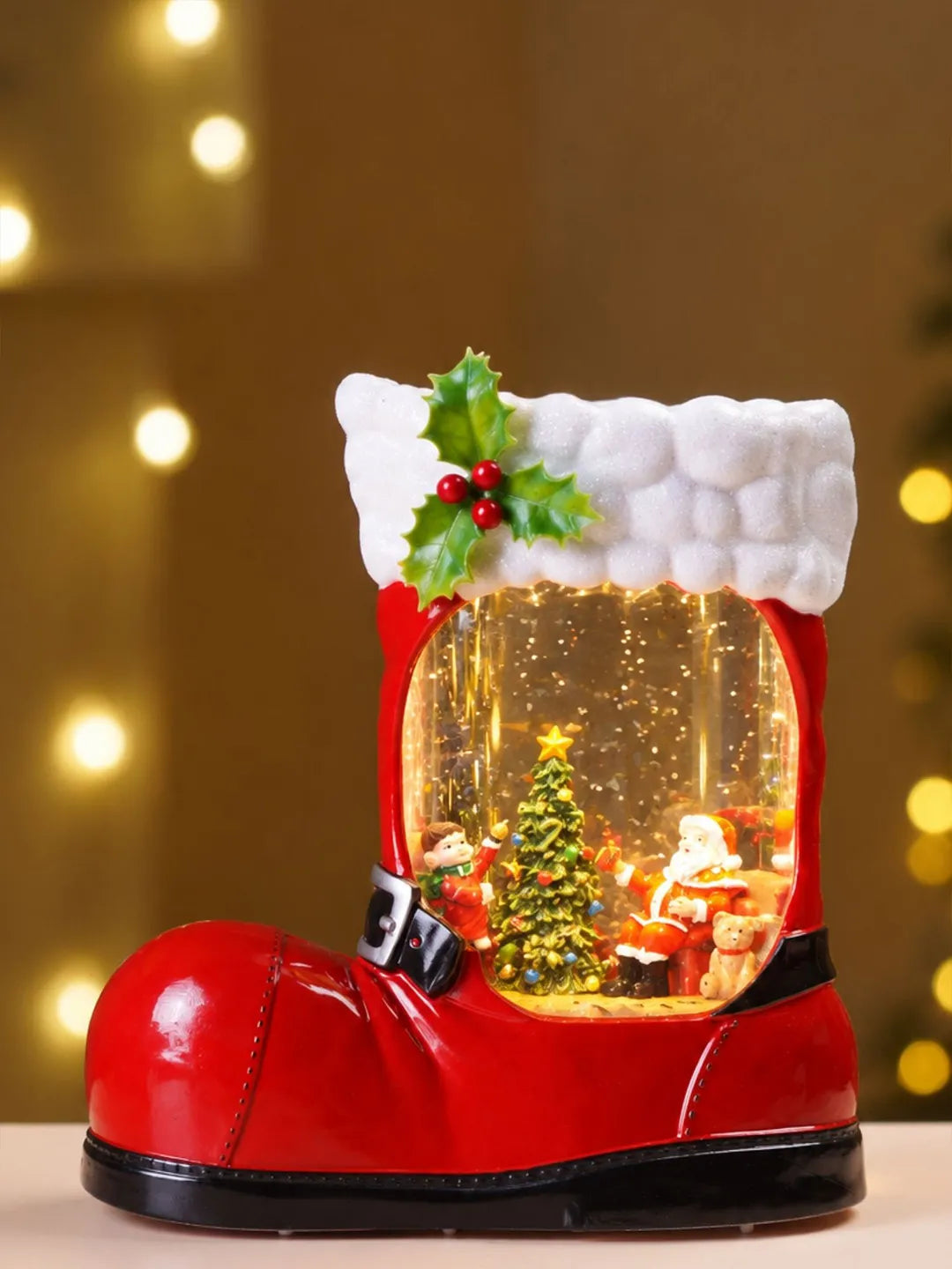 Santa with Child Red Boot with Musical Glitter Water Lights, Christmas Home Décor