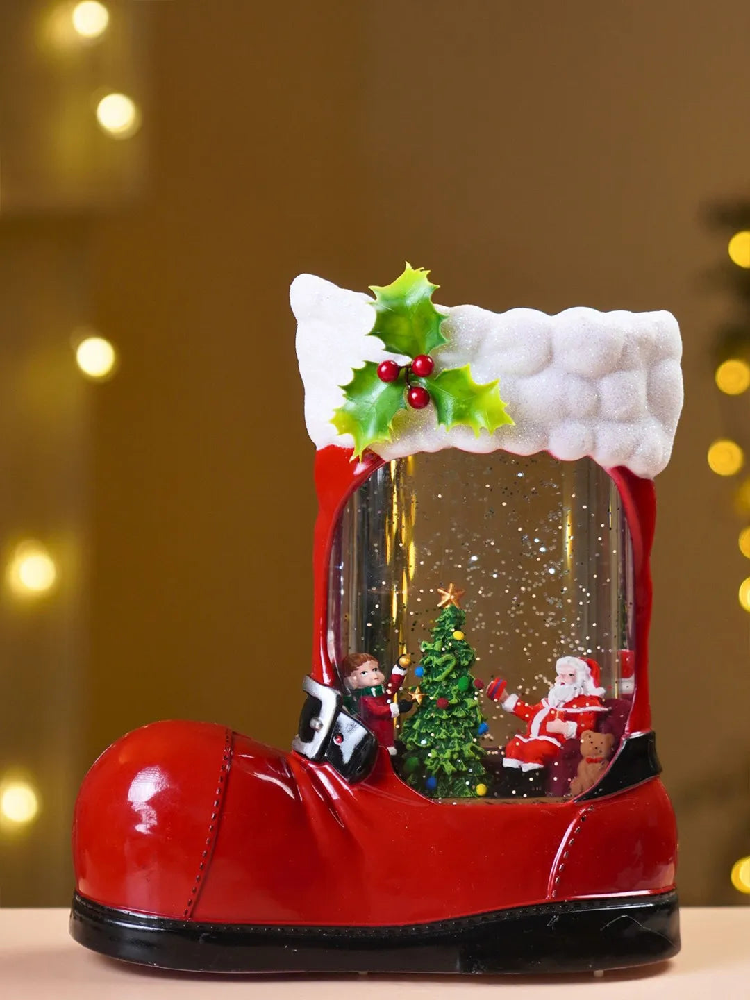 Santa with Child Red Boot with Musical Glitter Water Lights, Christmas Home Décor