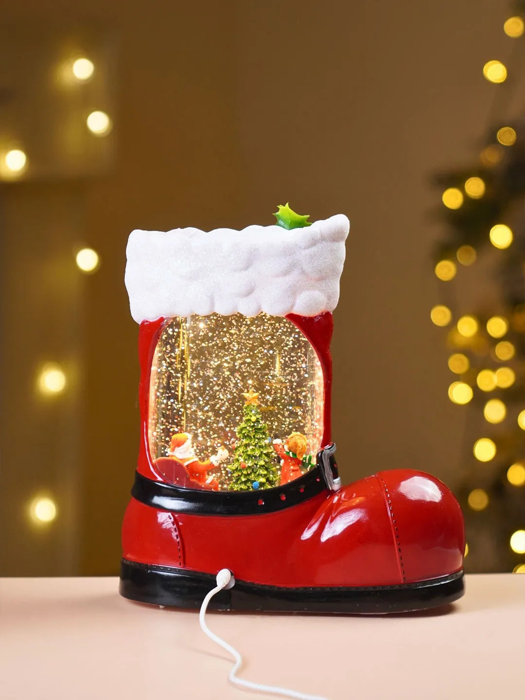 Santa with Child Red Boot with Musical Glitter Water Lights, Christmas Home Décor