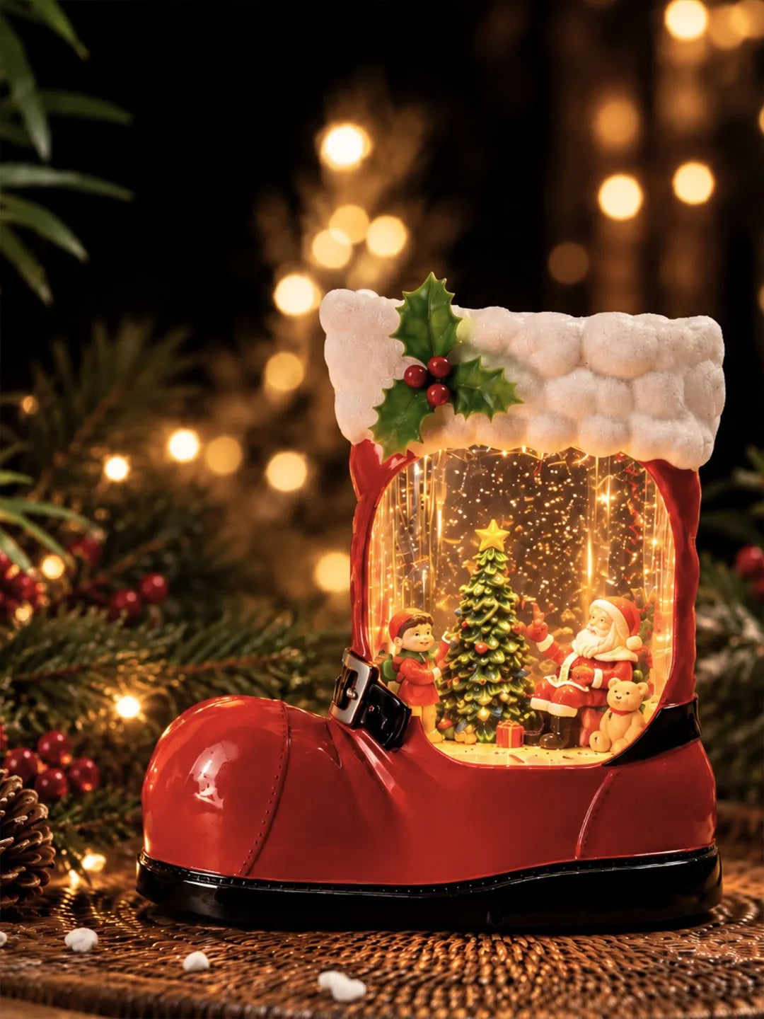 Santa with Child Red Boot with Musical Glitter Water Lights, Christmas Home Décor