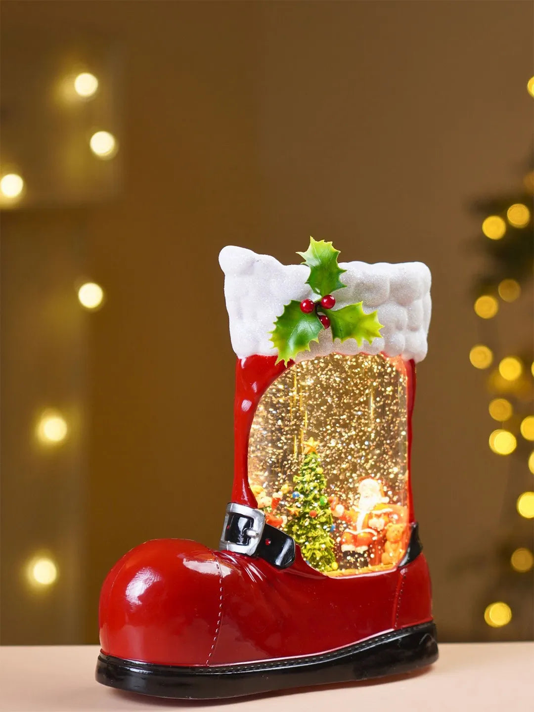 Santa with Child Red Boot with Musical Glitter Water Lights, Christmas Home Décor