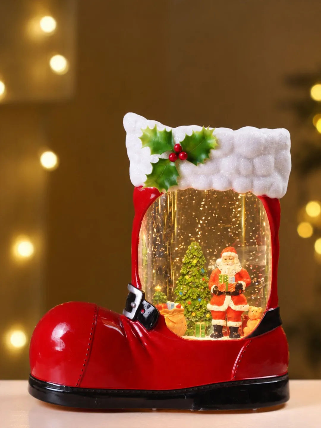 Santa Holding Gift Red Boot with Musical Glitter Water Lights, Christmas Home Décor