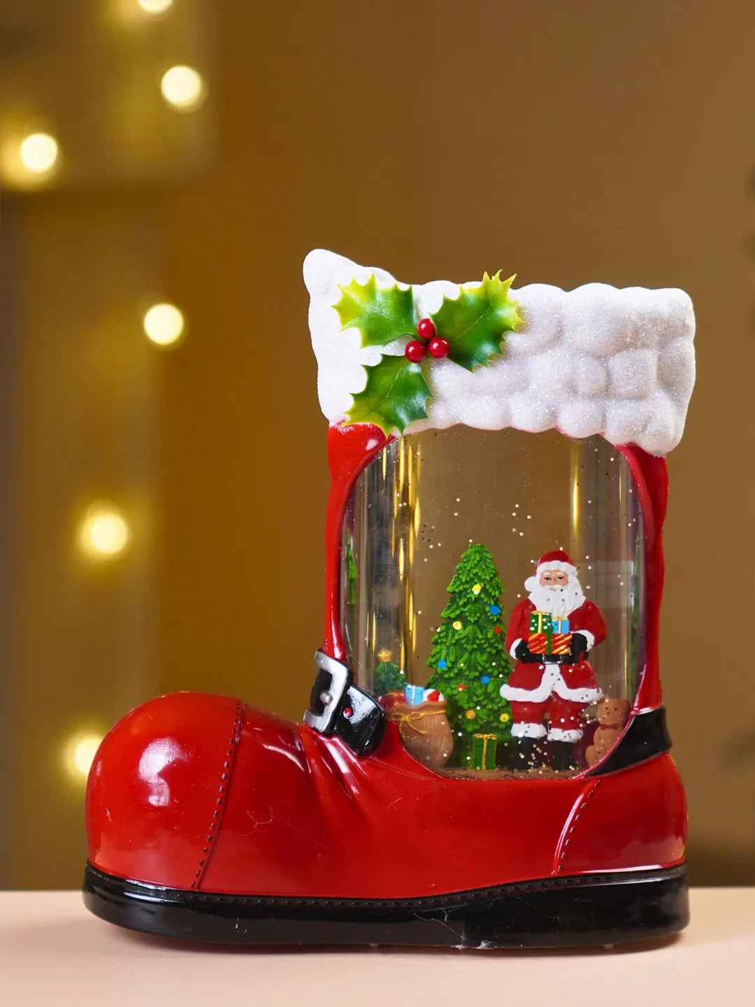 Santa Holding Gift Red Boot with Musical Glitter Water Lights, Christmas Home Décor