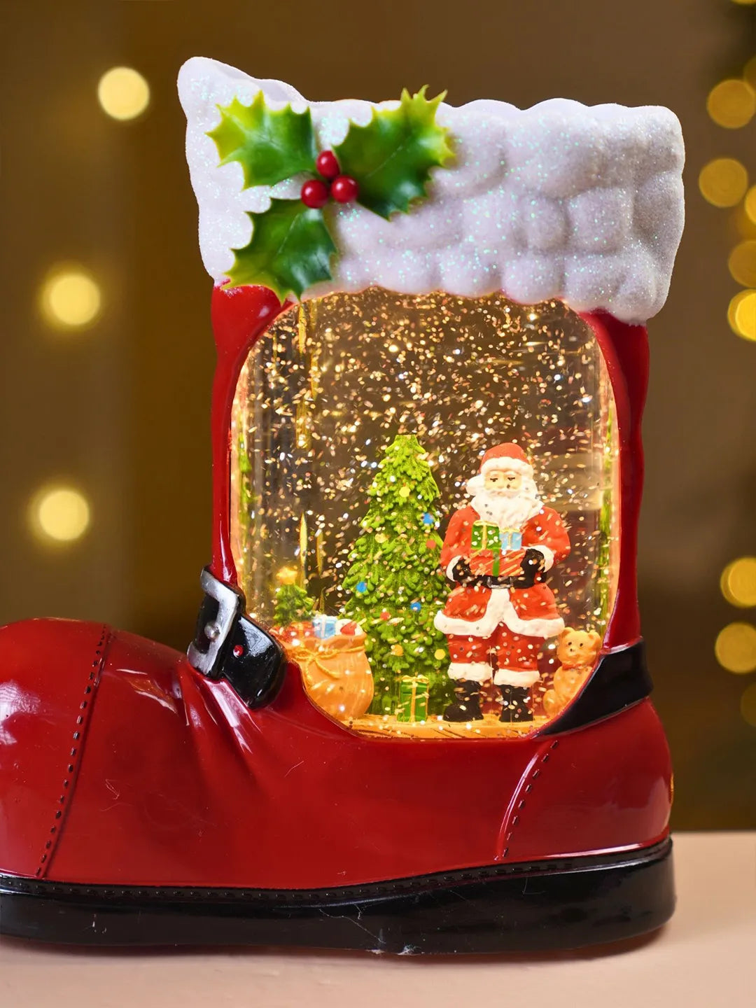 Santa Holding Gift Red Boot with Musical Glitter Water Lights, Christmas Home Décor