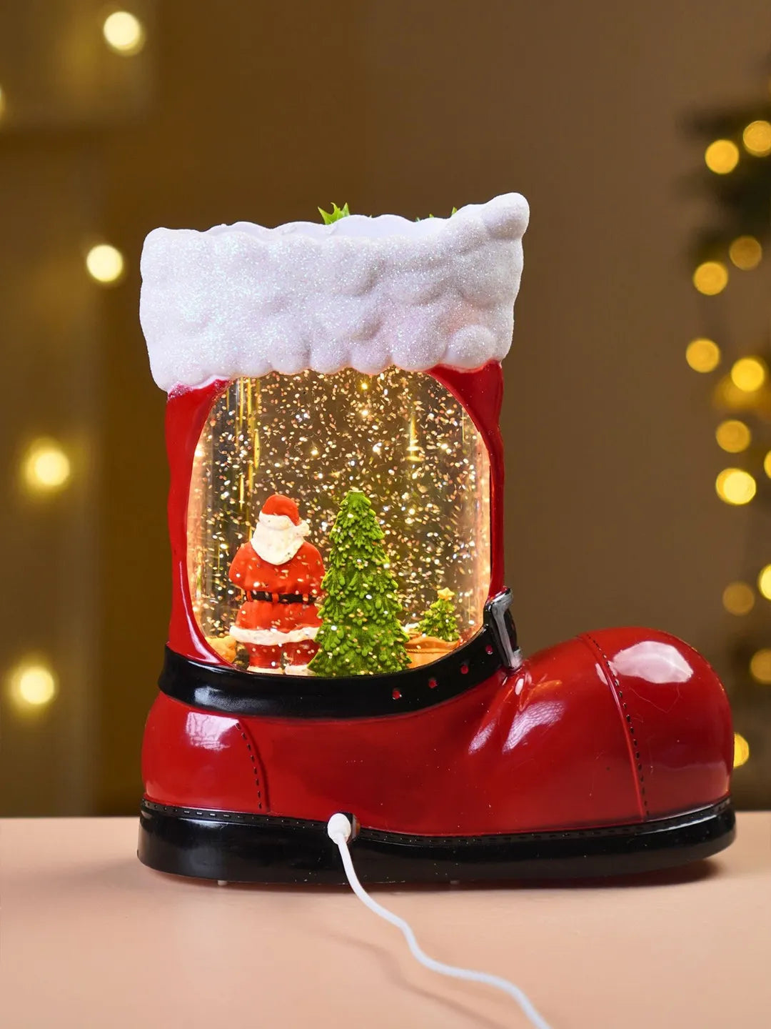 Santa Holding Gift Red Boot with Musical Glitter Water Lights, Christmas Home Décor