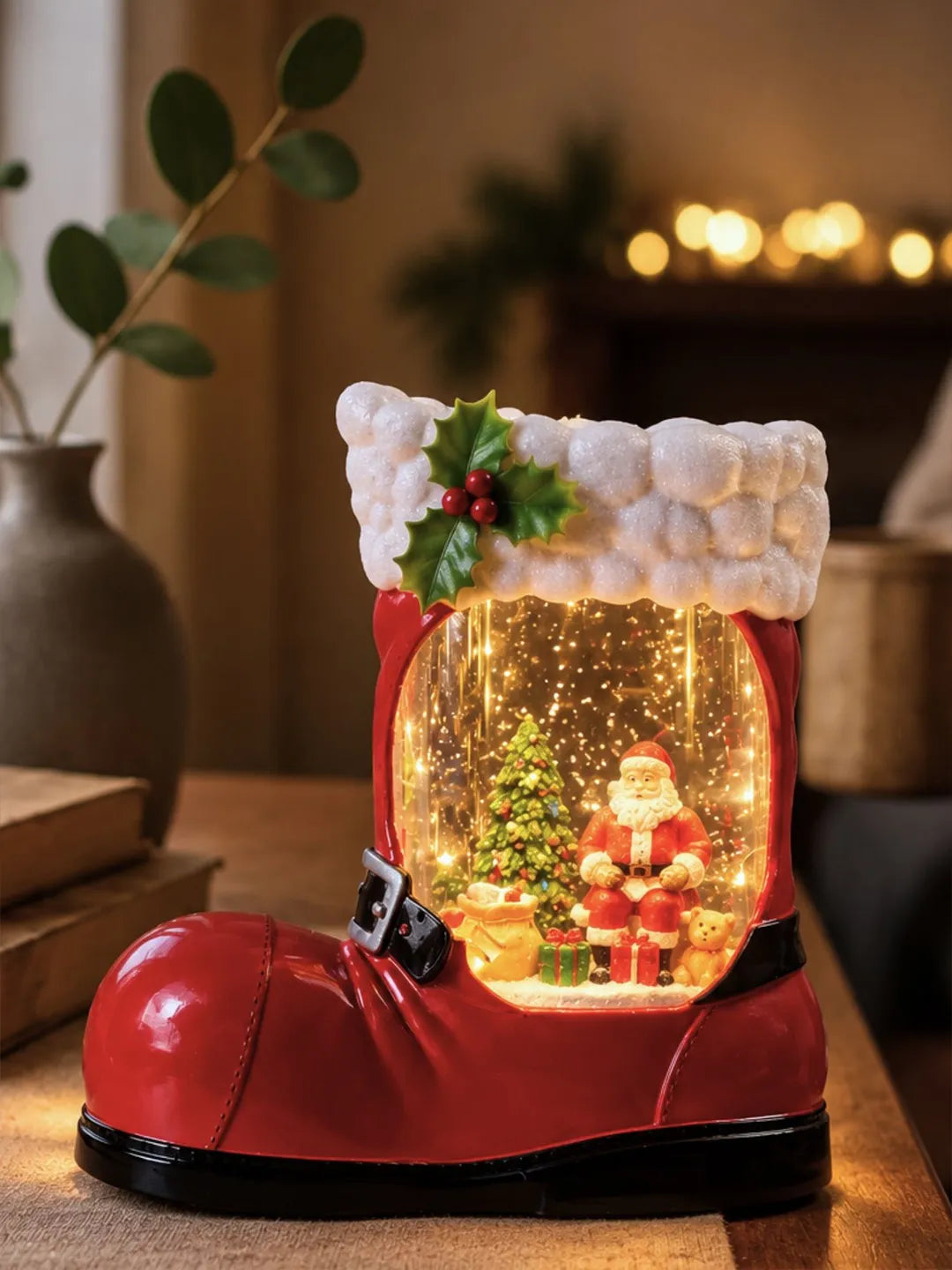 Santa Holding Gift Red Boot with Musical Glitter Water Lights, Christmas Home Décor
