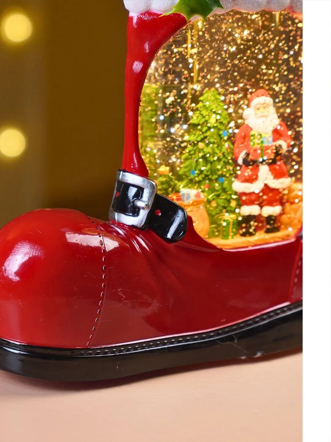 Santa Holding Gift Red Boot with Musical Glitter Water Lights, Christmas Home Décor