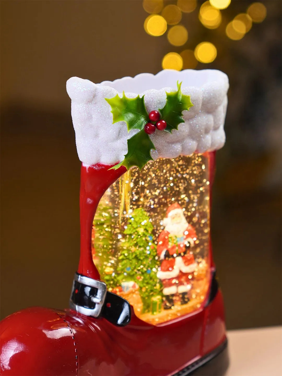Santa Holding Gift Red Boot with Musical Glitter Water Lights, Christmas Home Décor