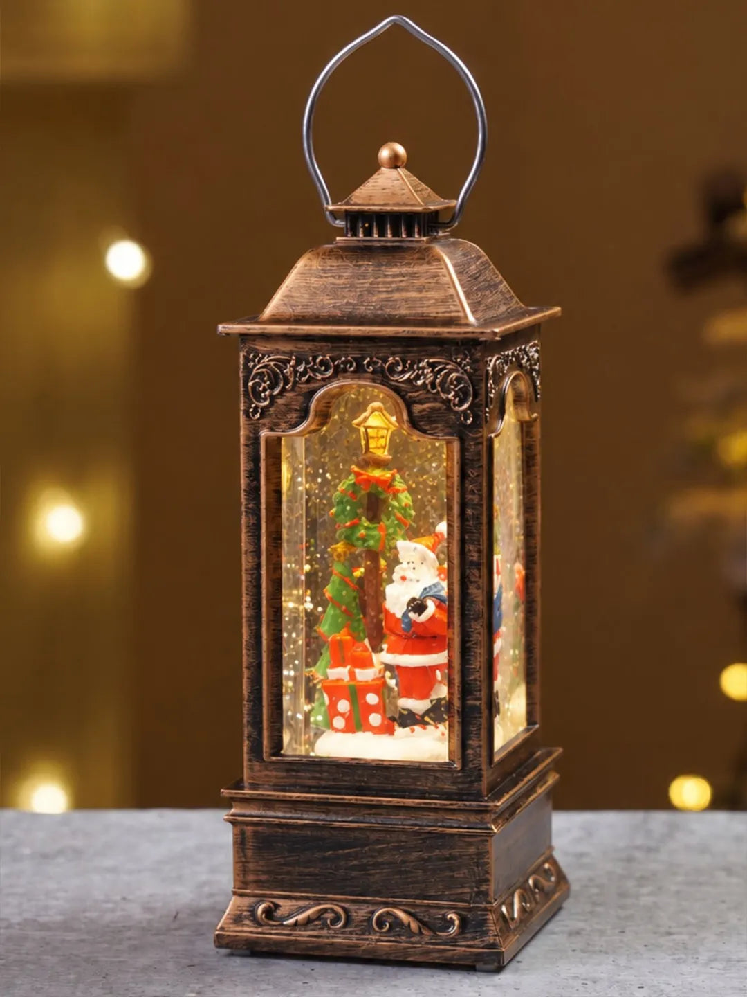 Santa & Christmas Wreath Lamppost with Musical Glitter Water and Lights, Christmas Home Décor