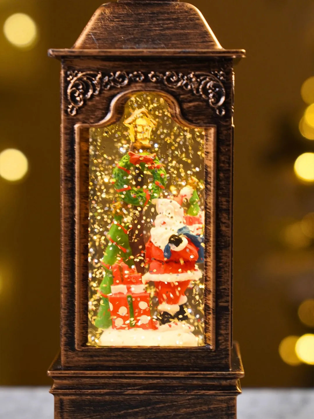 Santa & Christmas Wreath Lamppost with Musical Glitter Water and Lights, Christmas Home Décor