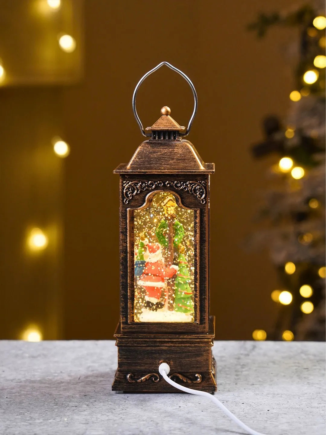 Santa & Christmas Wreath Lamppost with Musical Glitter Water and Lights, Christmas Home Décor