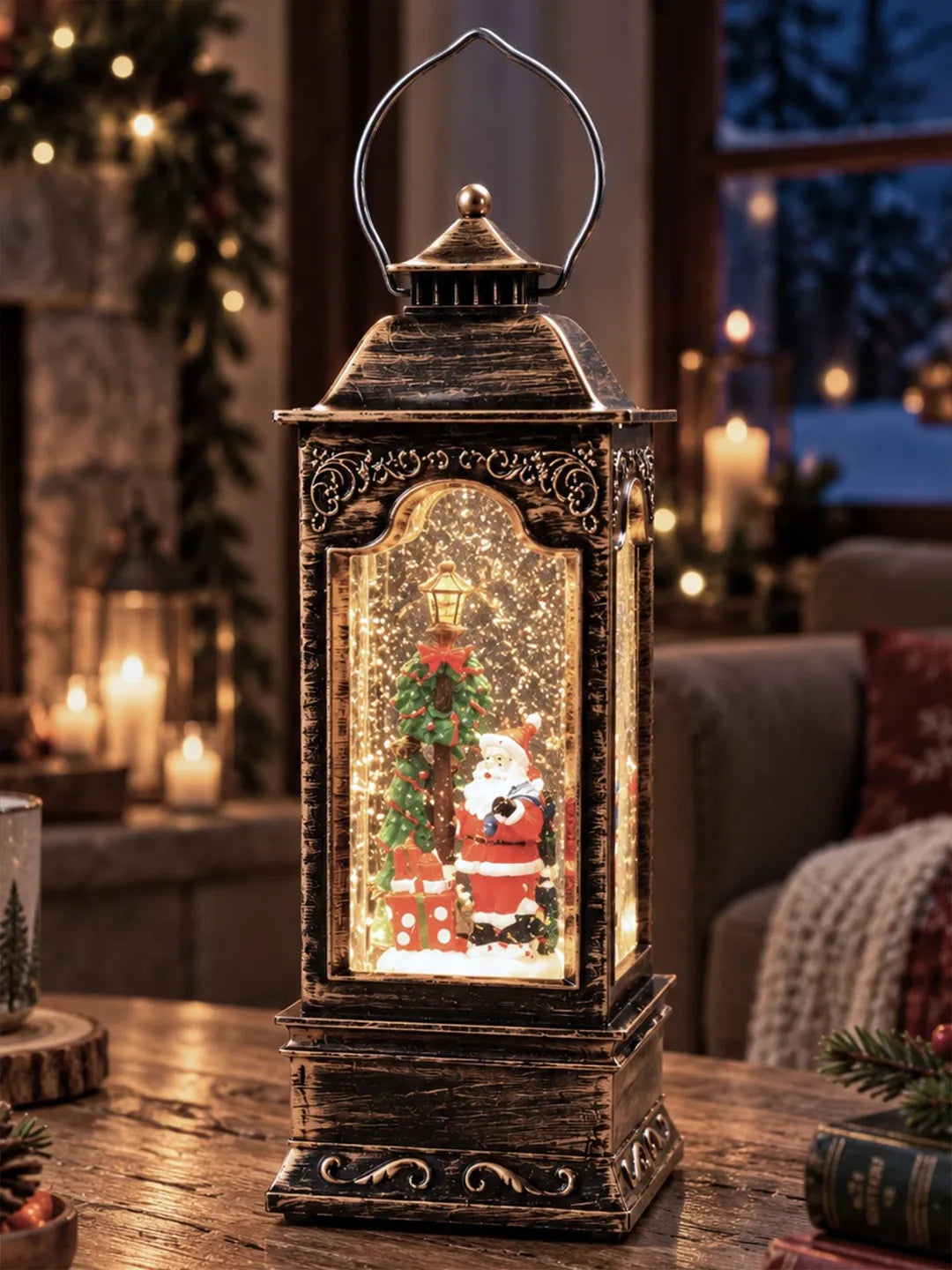 Santa & Christmas Wreath Lamppost with Musical Glitter Water and Lights, Christmas Home Décor