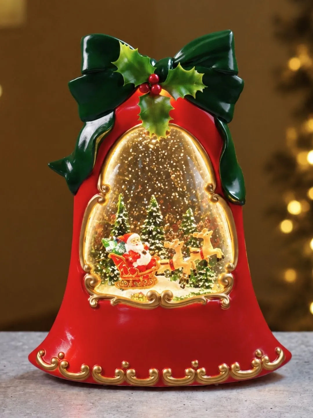 Santa Sleigh Red Bell, with Musical Glitter Water and Lights, Christmas Home Décor