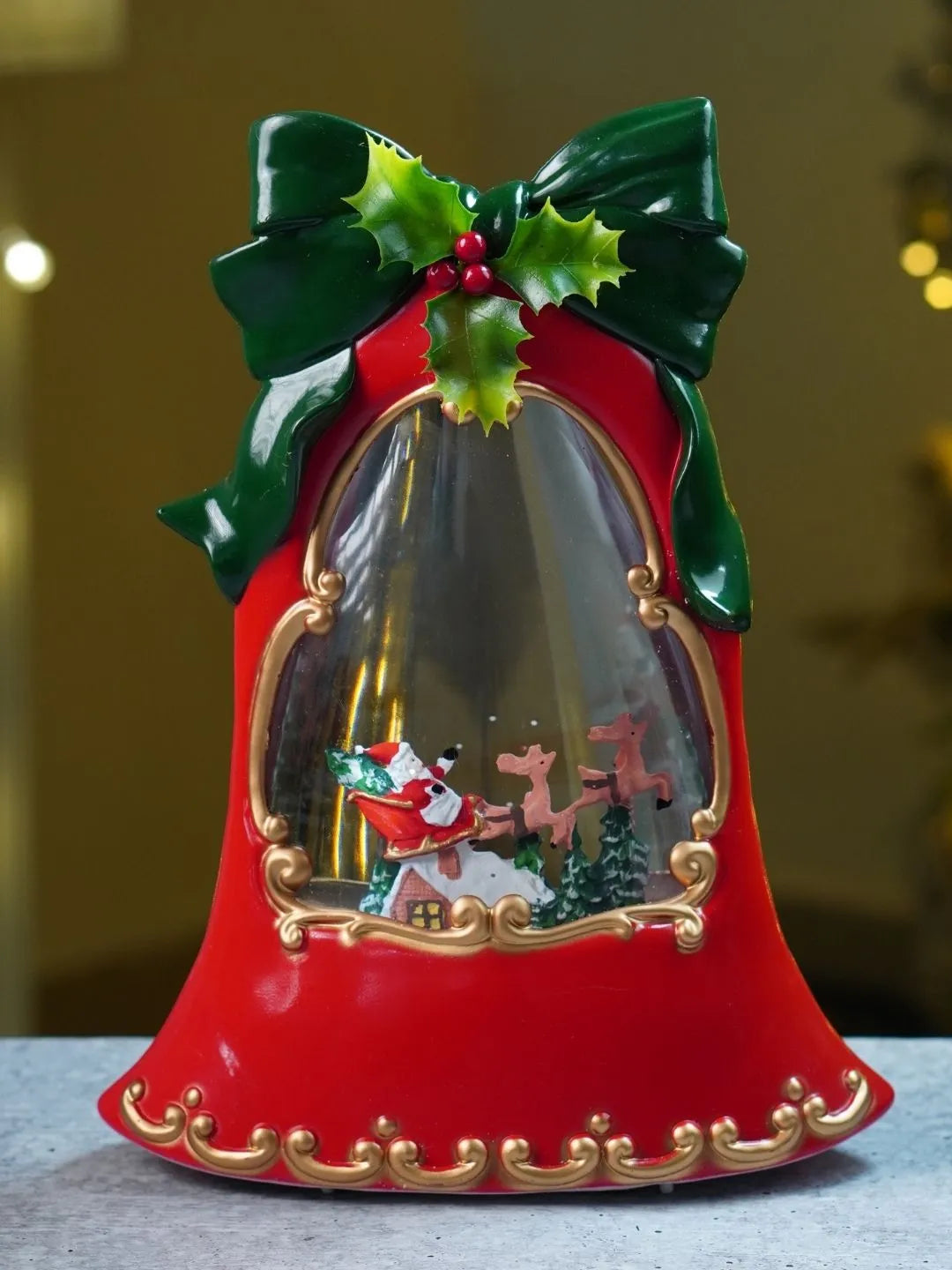 Santa Sleigh Red Bell, with Musical Glitter Water and Lights, Christmas Home Décor