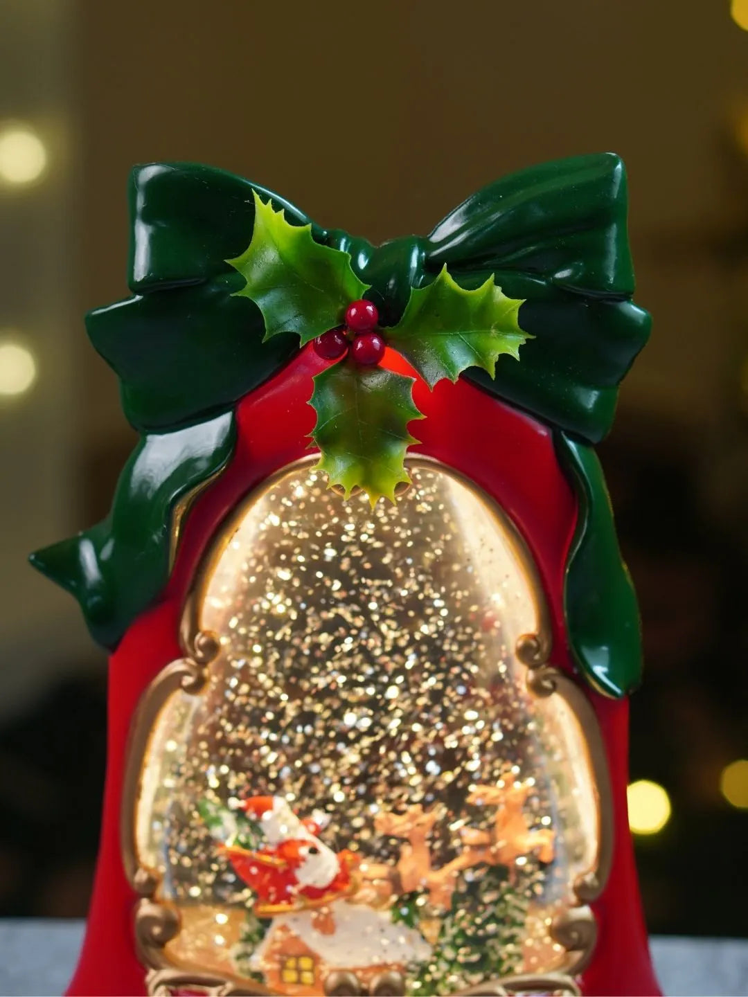 Santa Sleigh Red Bell, with Musical Glitter Water and Lights, Christmas Home Décor