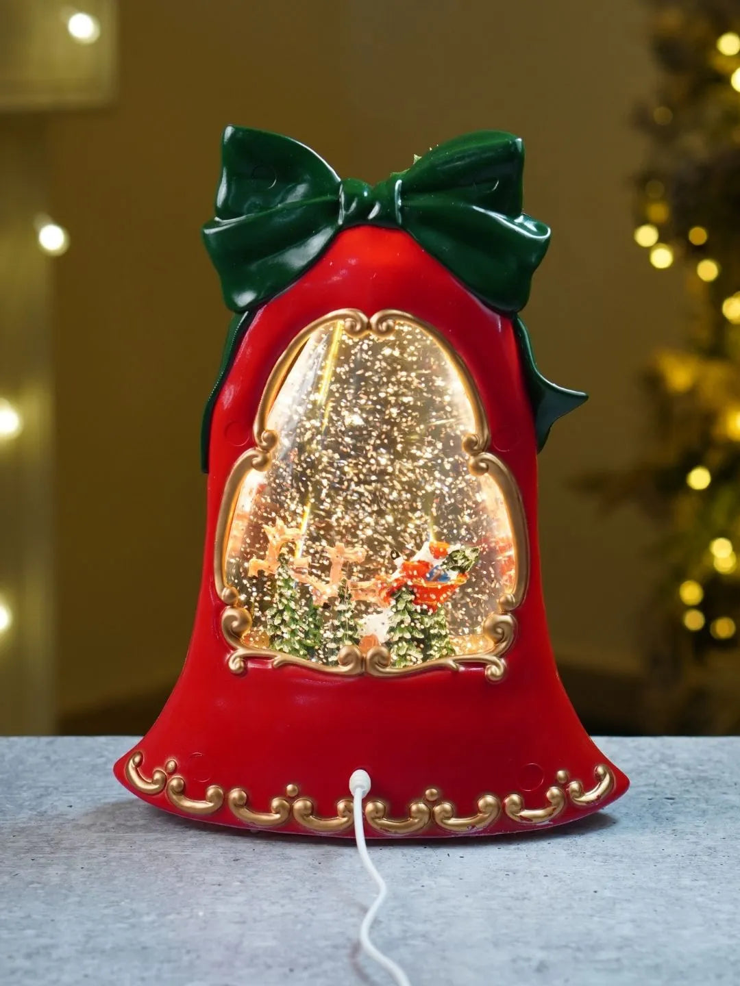 Santa Sleigh Red Bell, with Musical Glitter Water and Lights, Christmas Home Décor