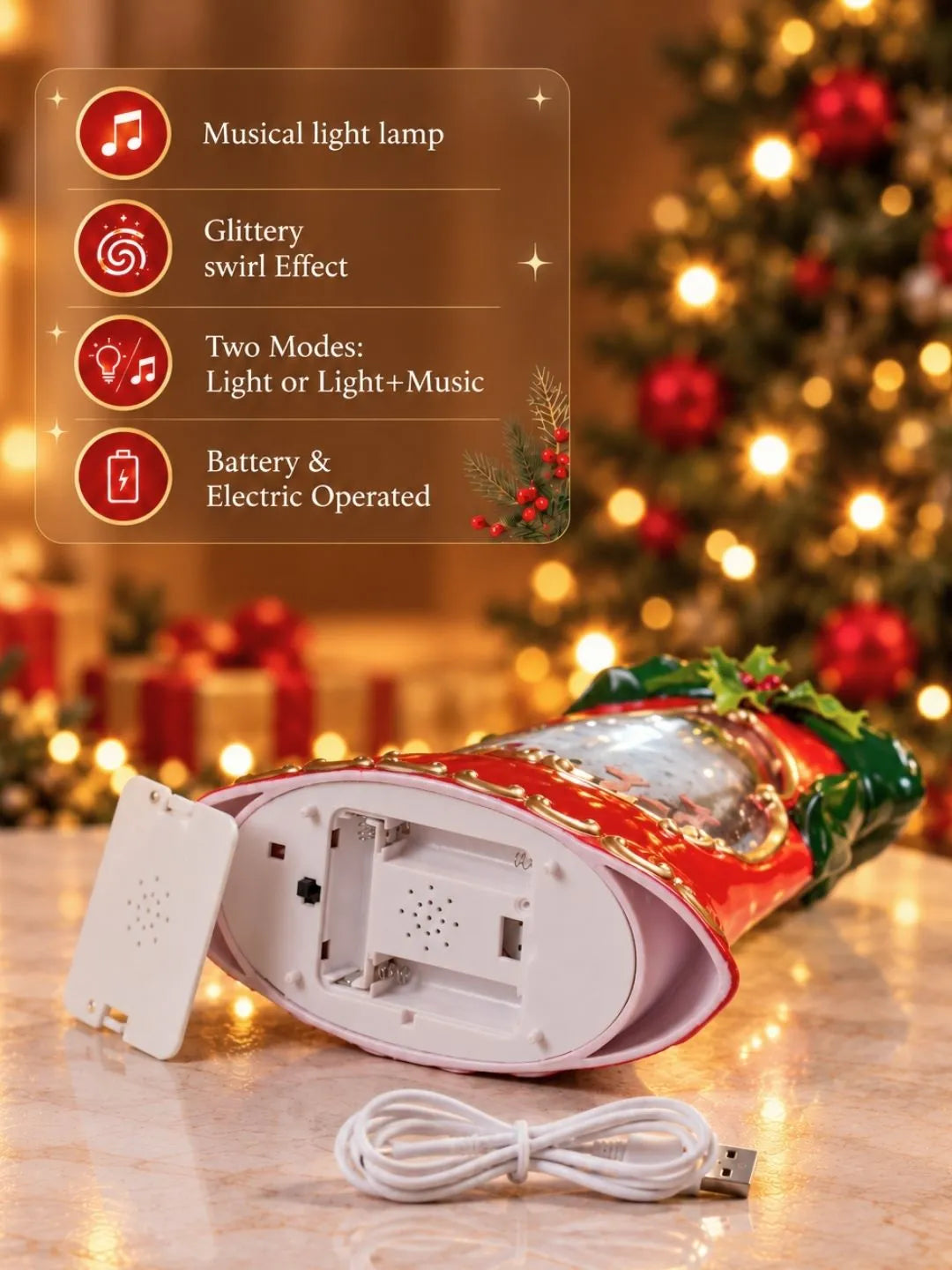 Santa Sleigh Red Bell, with Musical Glitter Water and Lights, Christmas Home Décor