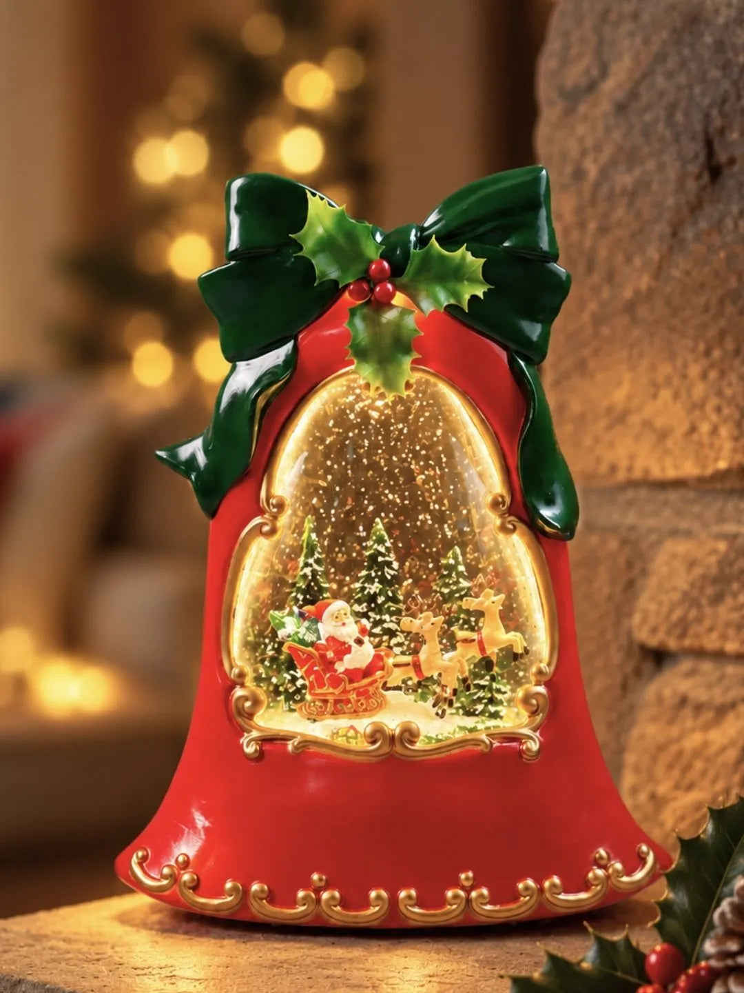 Santa Sleigh Red Bell, with Musical Glitter Water and Lights, Christmas Home Décor