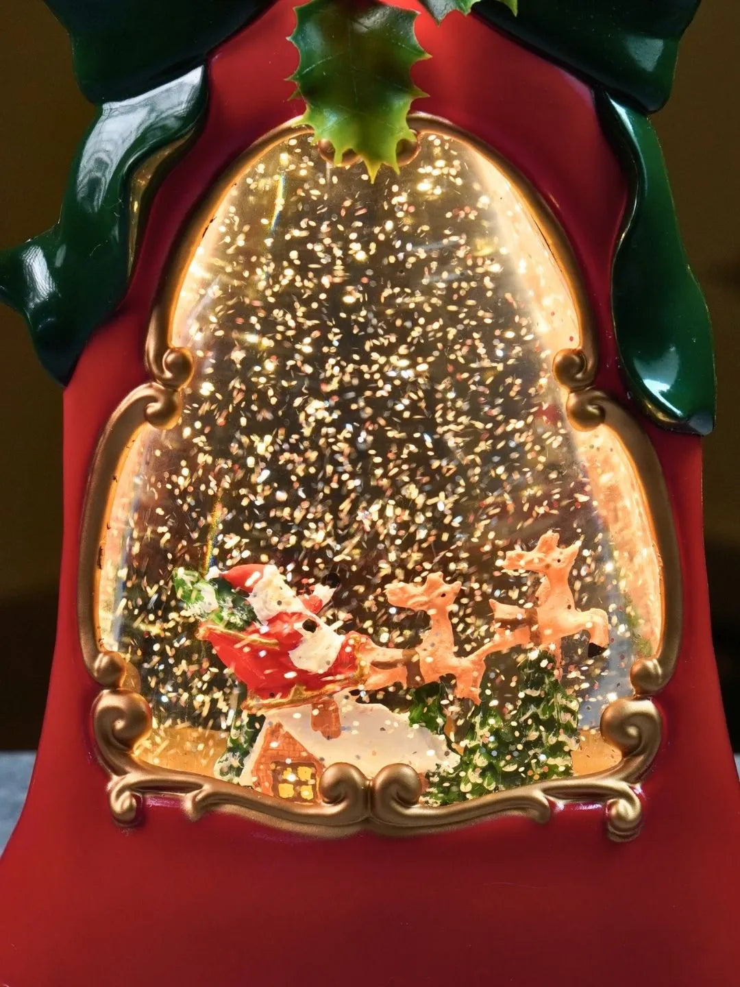 Santa Sleigh Red Bell, with Musical Glitter Water and Lights, Christmas Home Décor
