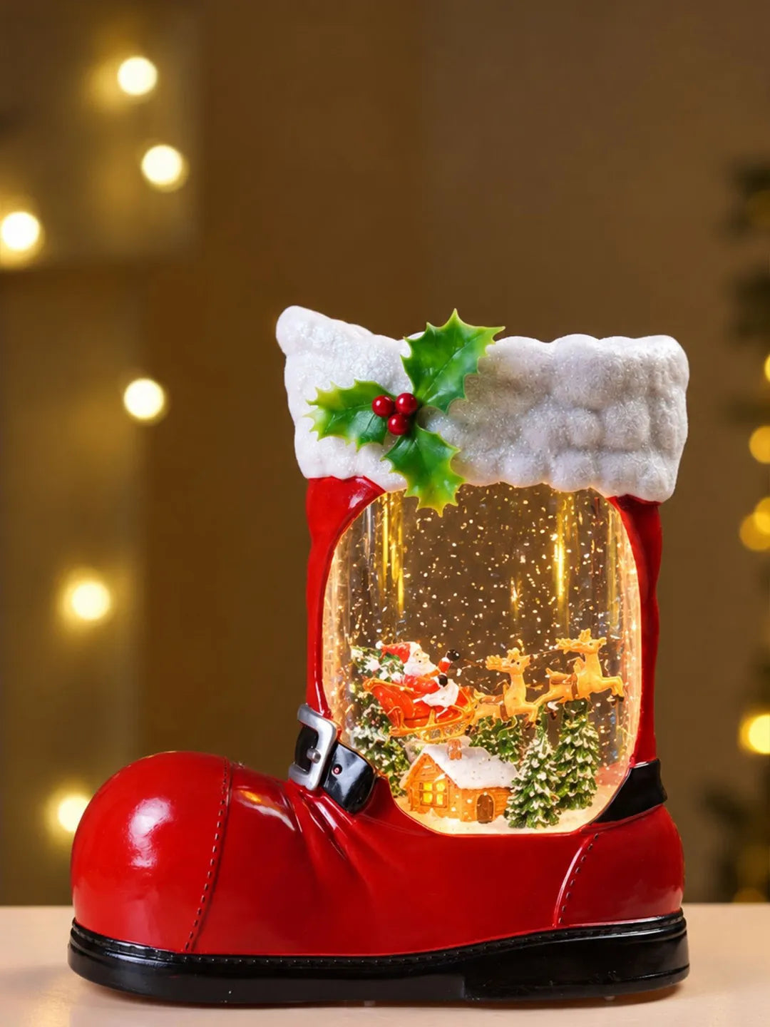 Santa with Two Reindeer Sleigh Red Boot with Musical Glitter Water Lights, Christmas Home Décor