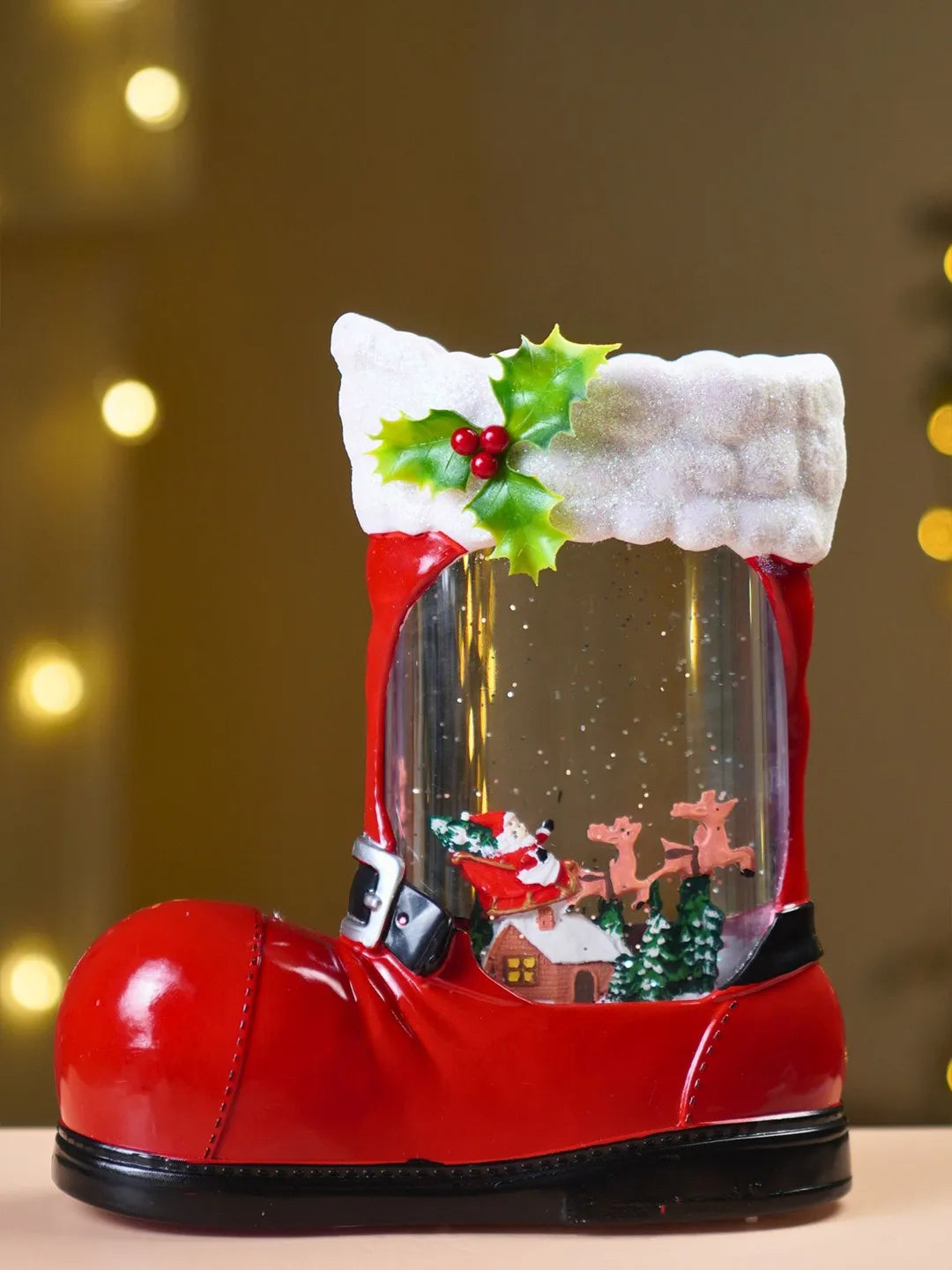 Santa with Two Reindeer Sleigh Red Boot with Musical Glitter Water Lights, Christmas Home Décor