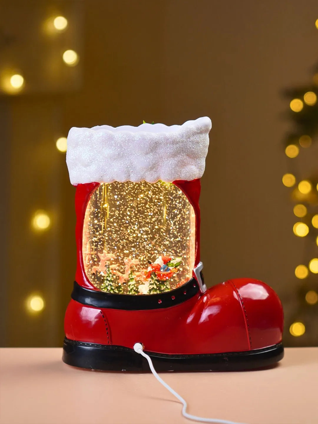 Santa with Two Reindeer Sleigh Red Boot with Musical Glitter Water Lights, Christmas Home Décor