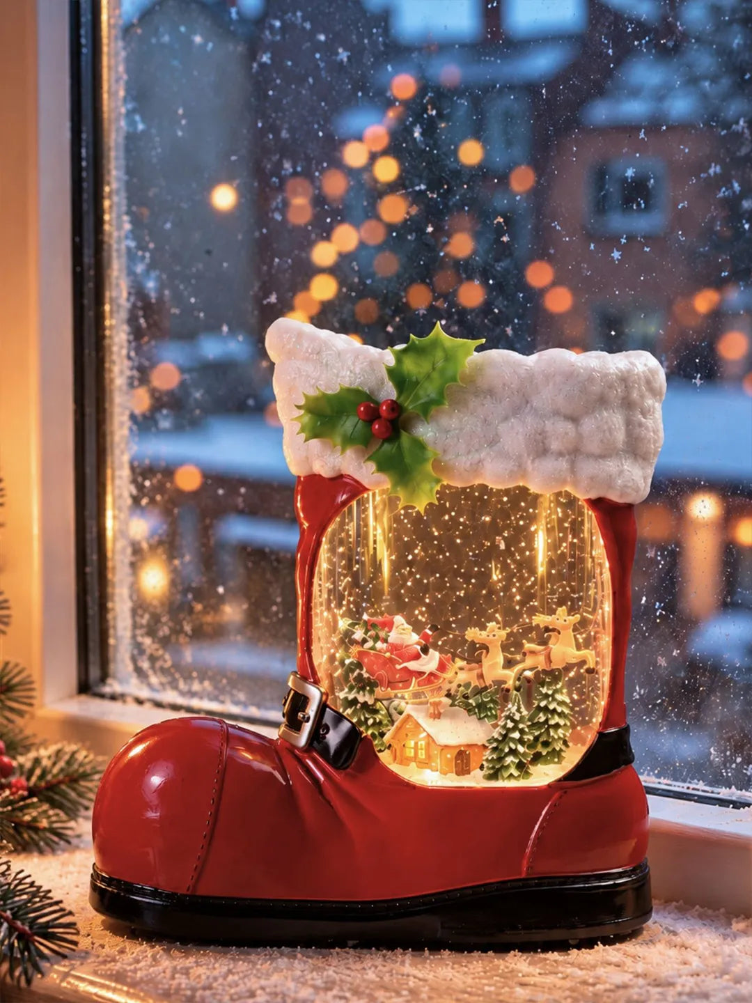 Santa with Two Reindeer Sleigh Red Boot with Musical Glitter Water Lights, Christmas Home Décor