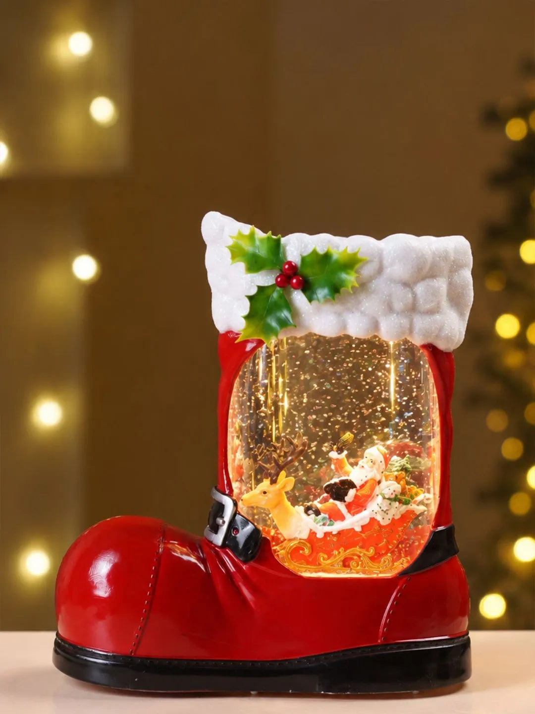 Santa with Single Reindeer Sleigh Red Boot with Musical Glitter Water and Lights, Christmas Home Décor