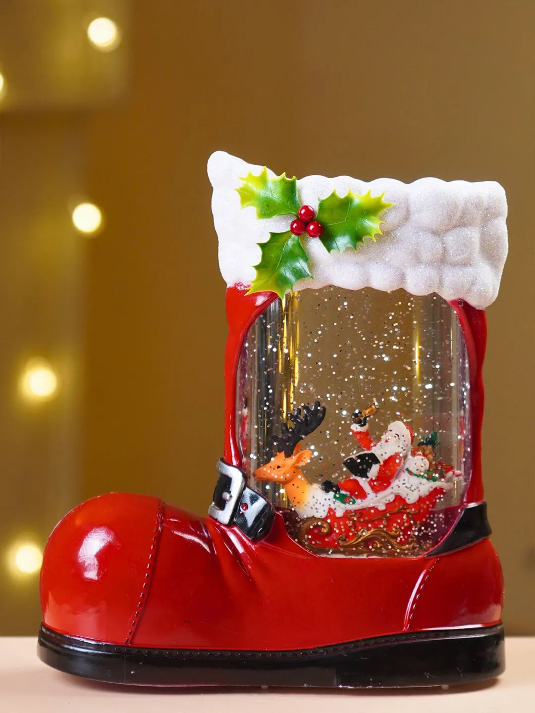 Santa with Single Reindeer Sleigh Red Boot with Musical Glitter Water and Lights, Christmas Home Décor