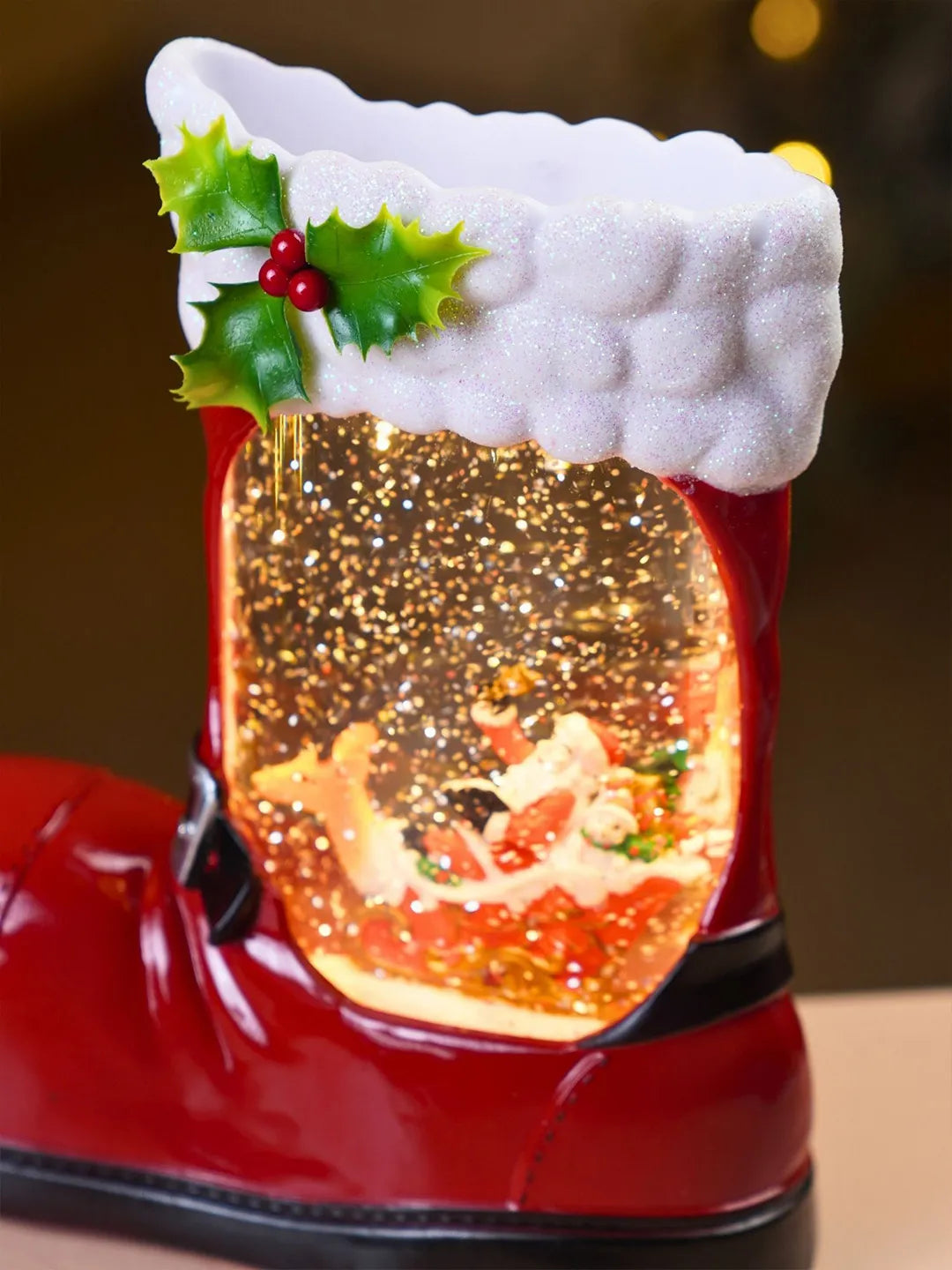 Santa with Single Reindeer Sleigh Red Boot with Musical Glitter Water and Lights, Christmas Home Décor