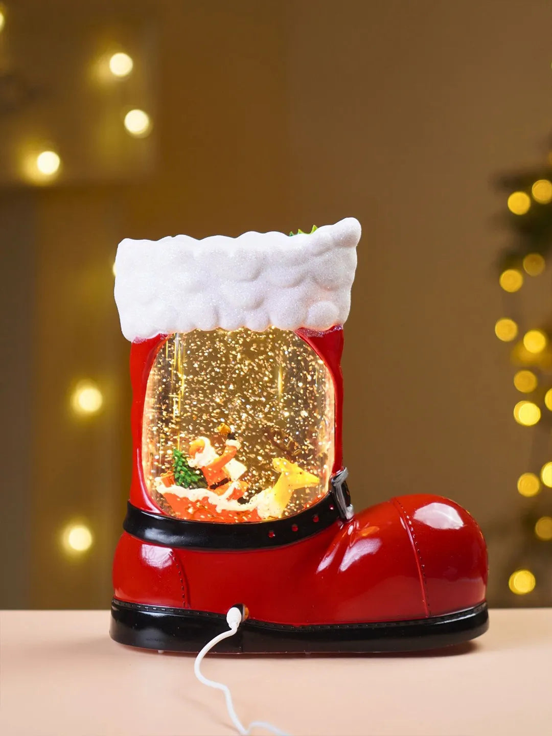 Santa with Single Reindeer Sleigh Red Boot with Musical Glitter Water and Lights, Christmas Home Décor