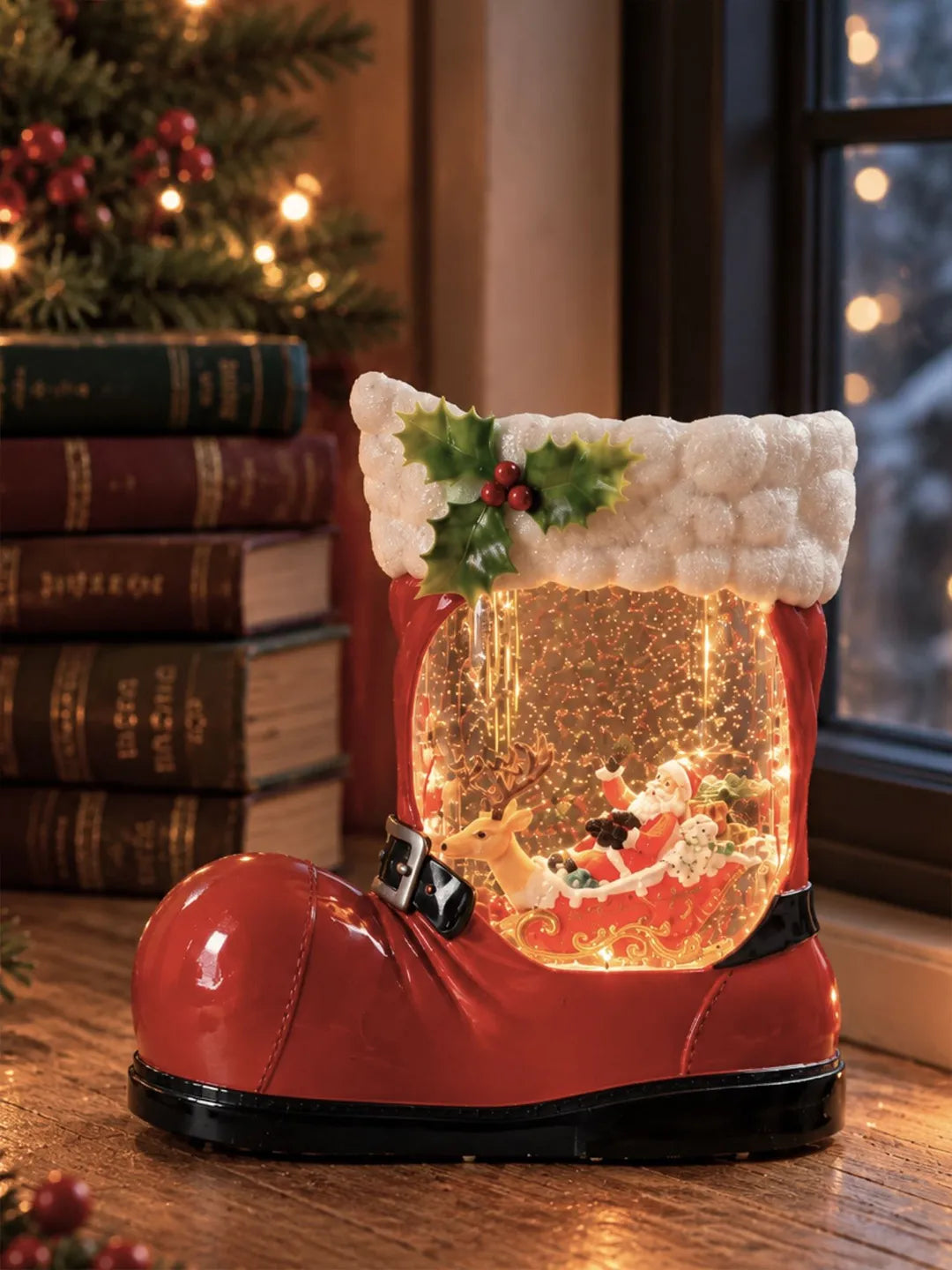 Santa with Single Reindeer Sleigh Red Boot with Musical Glitter Water and Lights, Christmas Home Décor