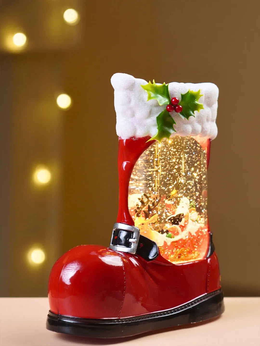 Santa with Single Reindeer Sleigh Red Boot with Musical Glitter Water and Lights, Christmas Home Décor