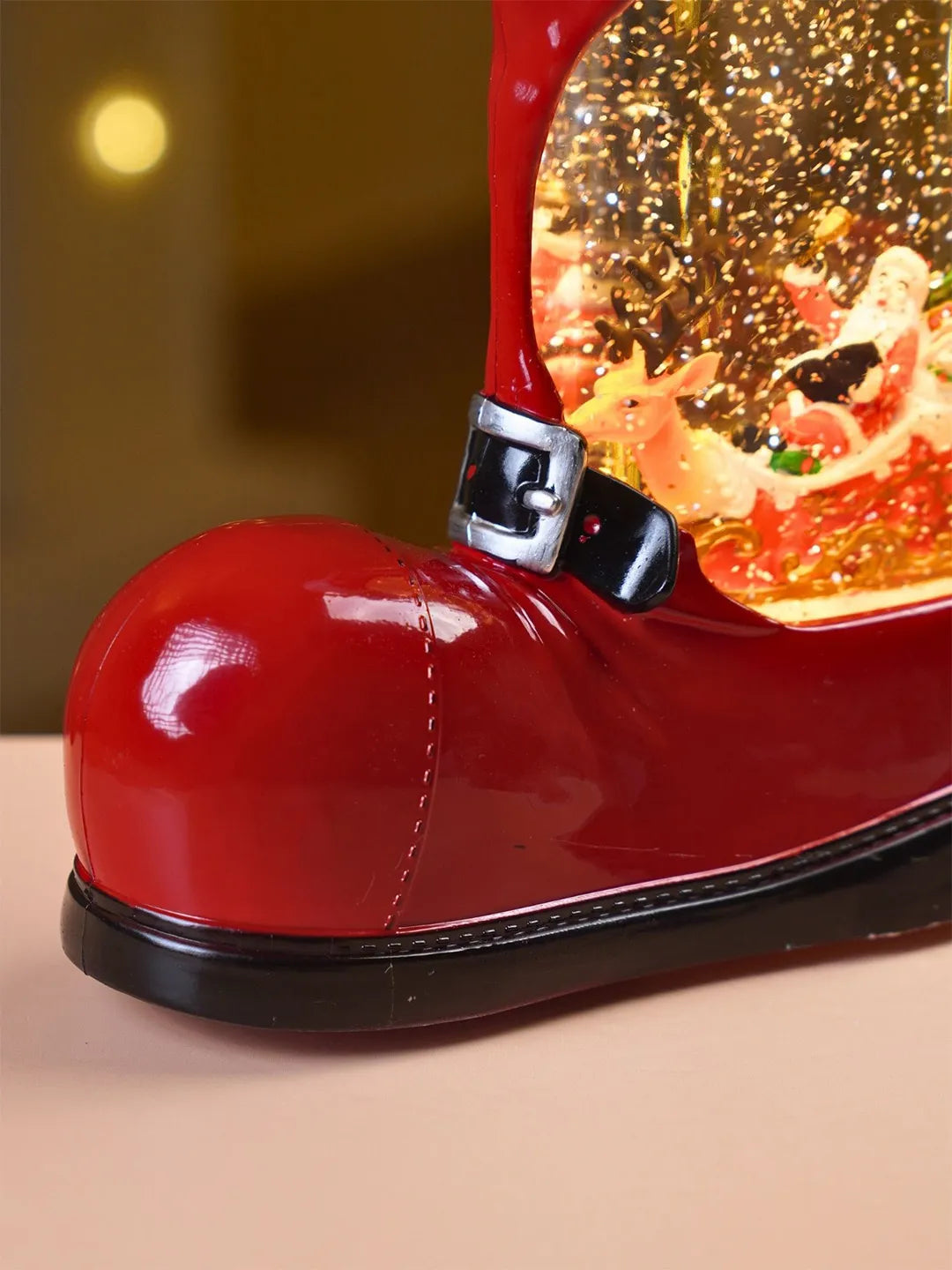 Santa with Single Reindeer Sleigh Red Boot with Musical Glitter Water and Lights, Christmas Home Décor