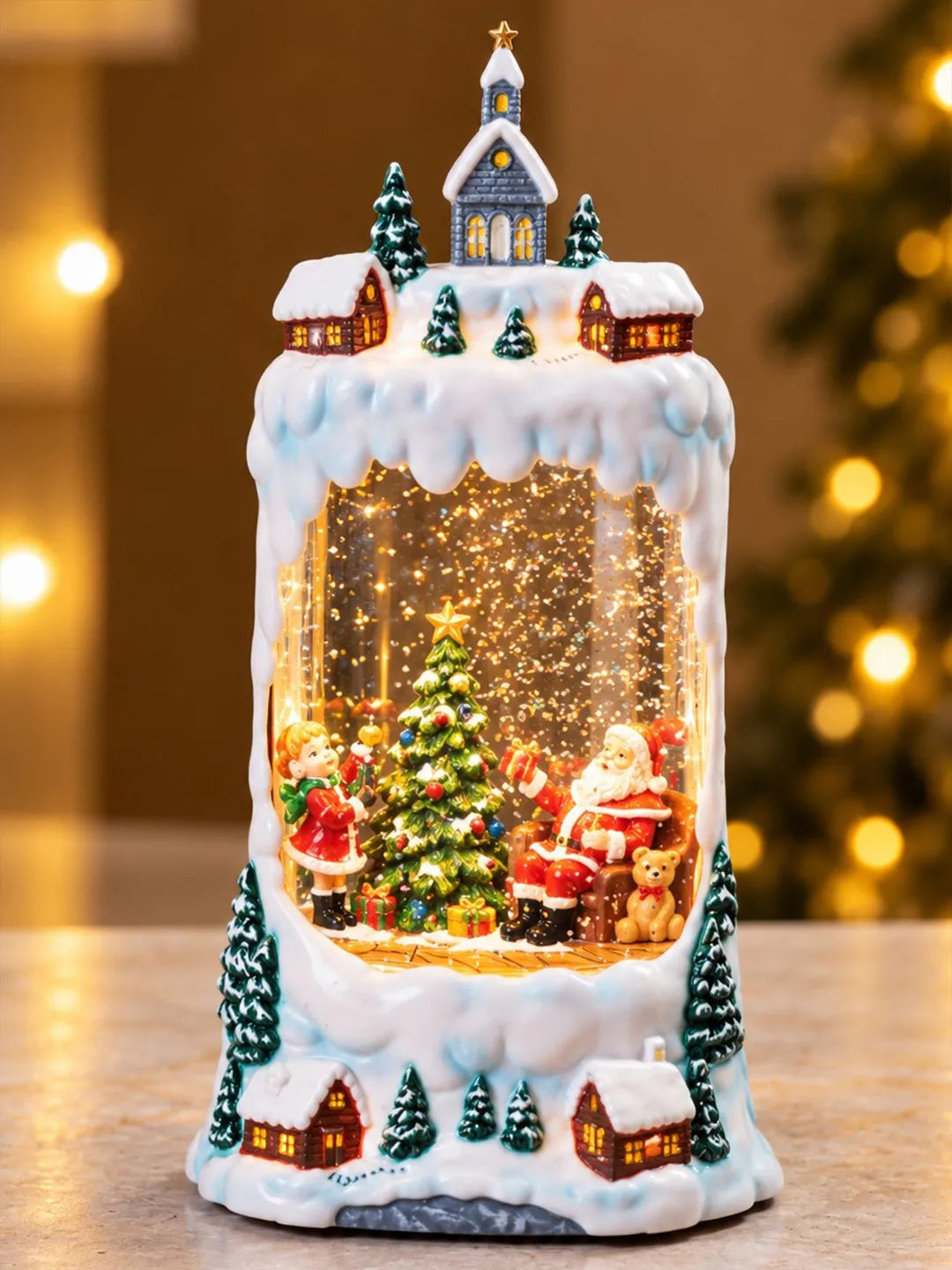 Santa & Child Decorating Tree Snowy Village, with Musical Glitter Water and Lights, Christmas Home Décor
