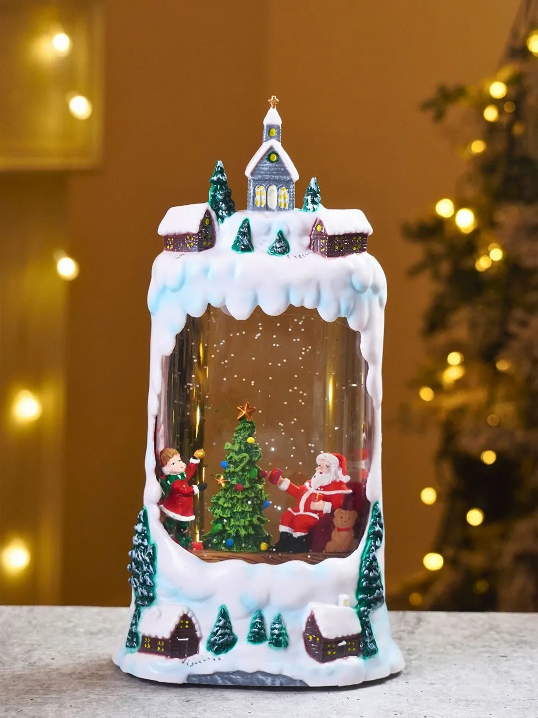 Santa & Child Decorating Tree Snowy Village, with Musical Glitter Water and Lights, Christmas Home Décor