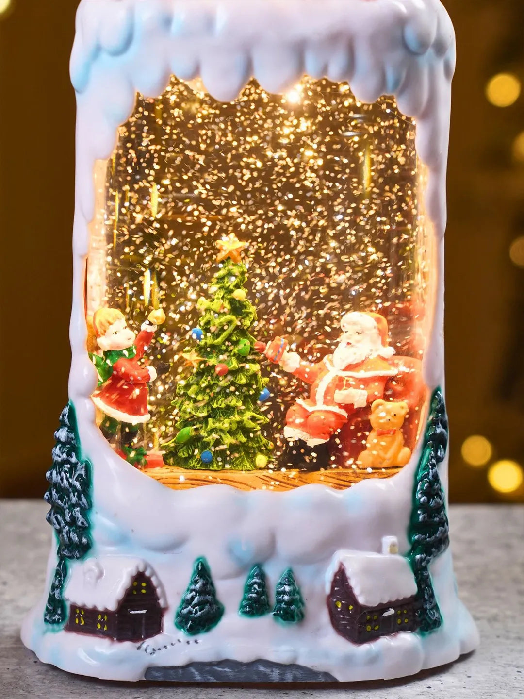 Santa & Child Decorating Tree Snowy Village, with Musical Glitter Water and Lights, Christmas Home Décor