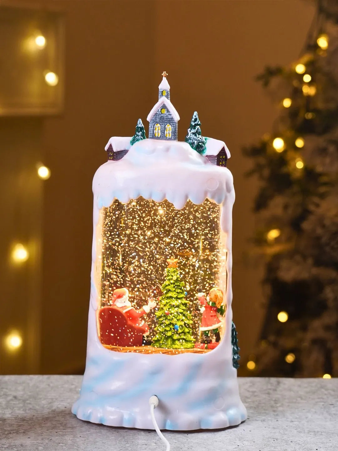 Santa & Child Decorating Tree Snowy Village, with Musical Glitter Water and Lights, Christmas Home Décor