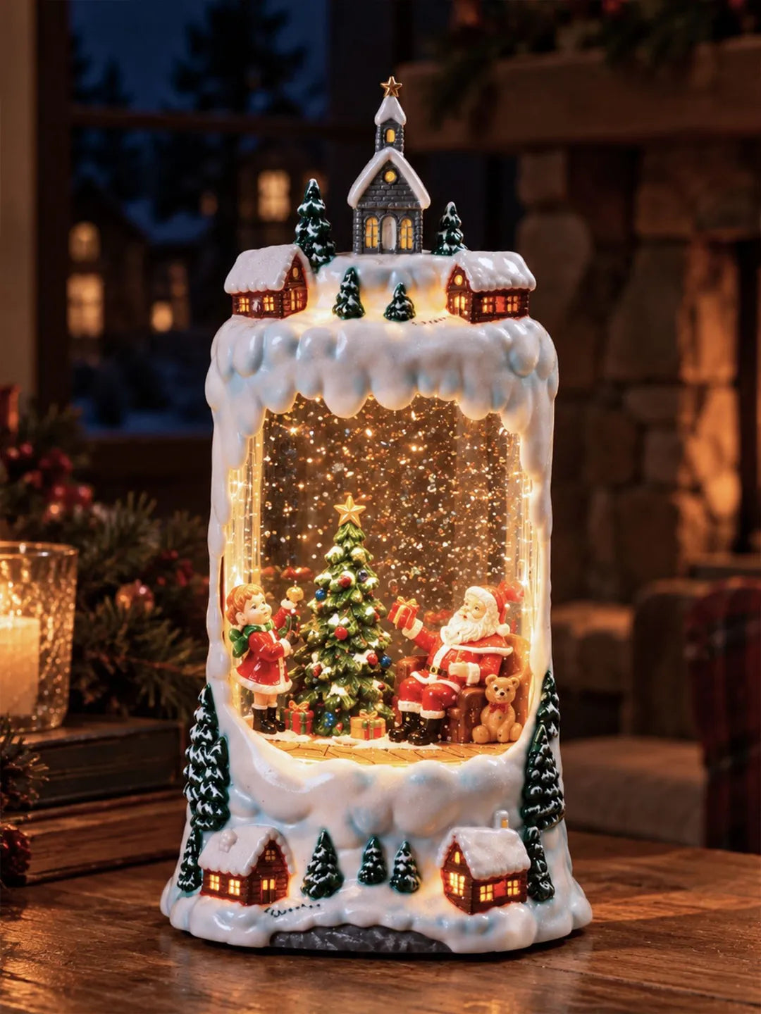 Santa & Child Decorating Tree Snowy Village, with Musical Glitter Water and Lights, Christmas Home Décor