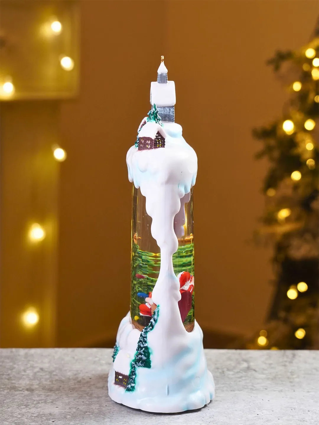 Santa & Child Decorating Tree Snowy Village, with Musical Glitter Water and Lights, Christmas Home Décor
