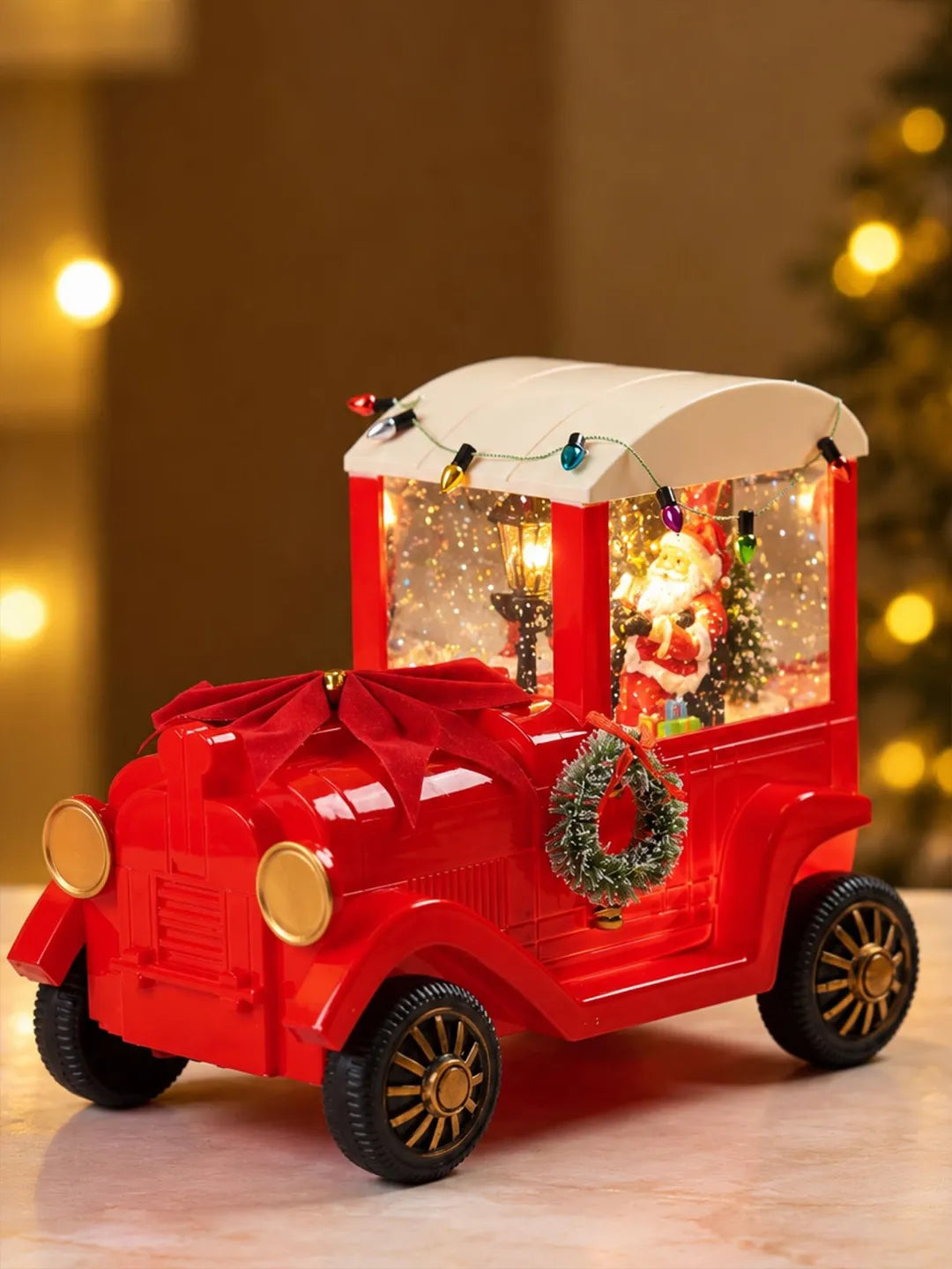 Santa with Ted, Red Bow Truck, with Musical Glitter Water & Lights, Christmas Home Décor
