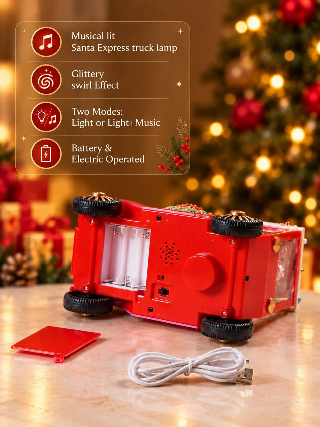 Santa with Ted, Red Bow Truck, with Musical Glitter Water & Lights, Christmas Home Décor