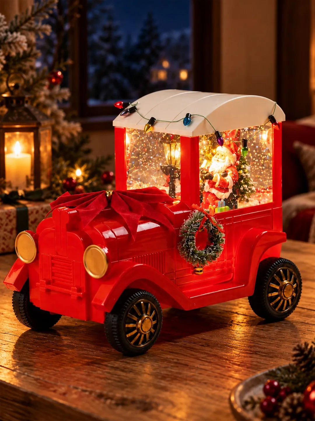 Santa with Ted, Red Bow Truck, with Musical Glitter Water & Lights, Christmas Home Décor
