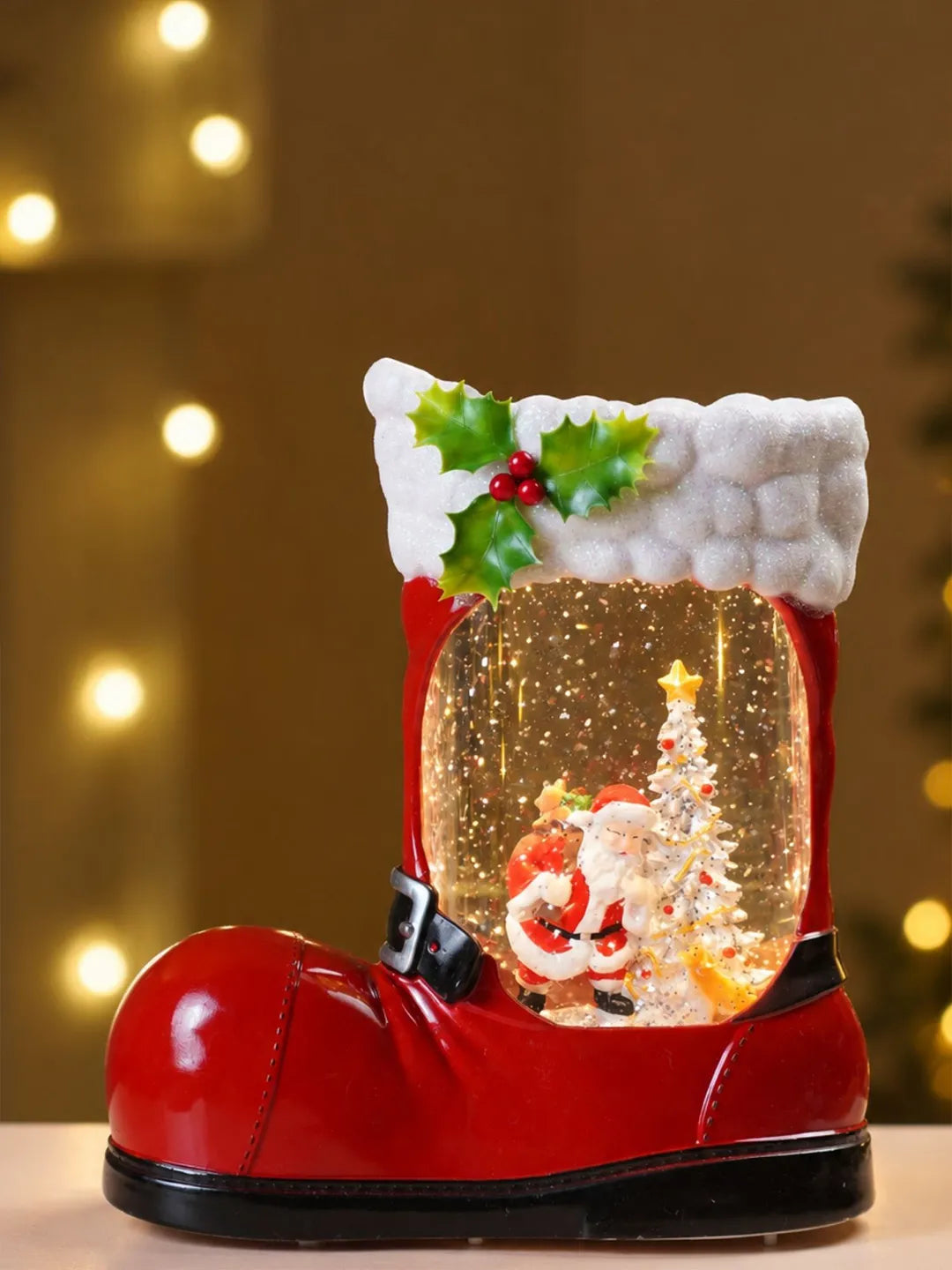 Santa & Snowy Tree Red Boot with Musical Glitter Water and Lights, Christmas Home Décor