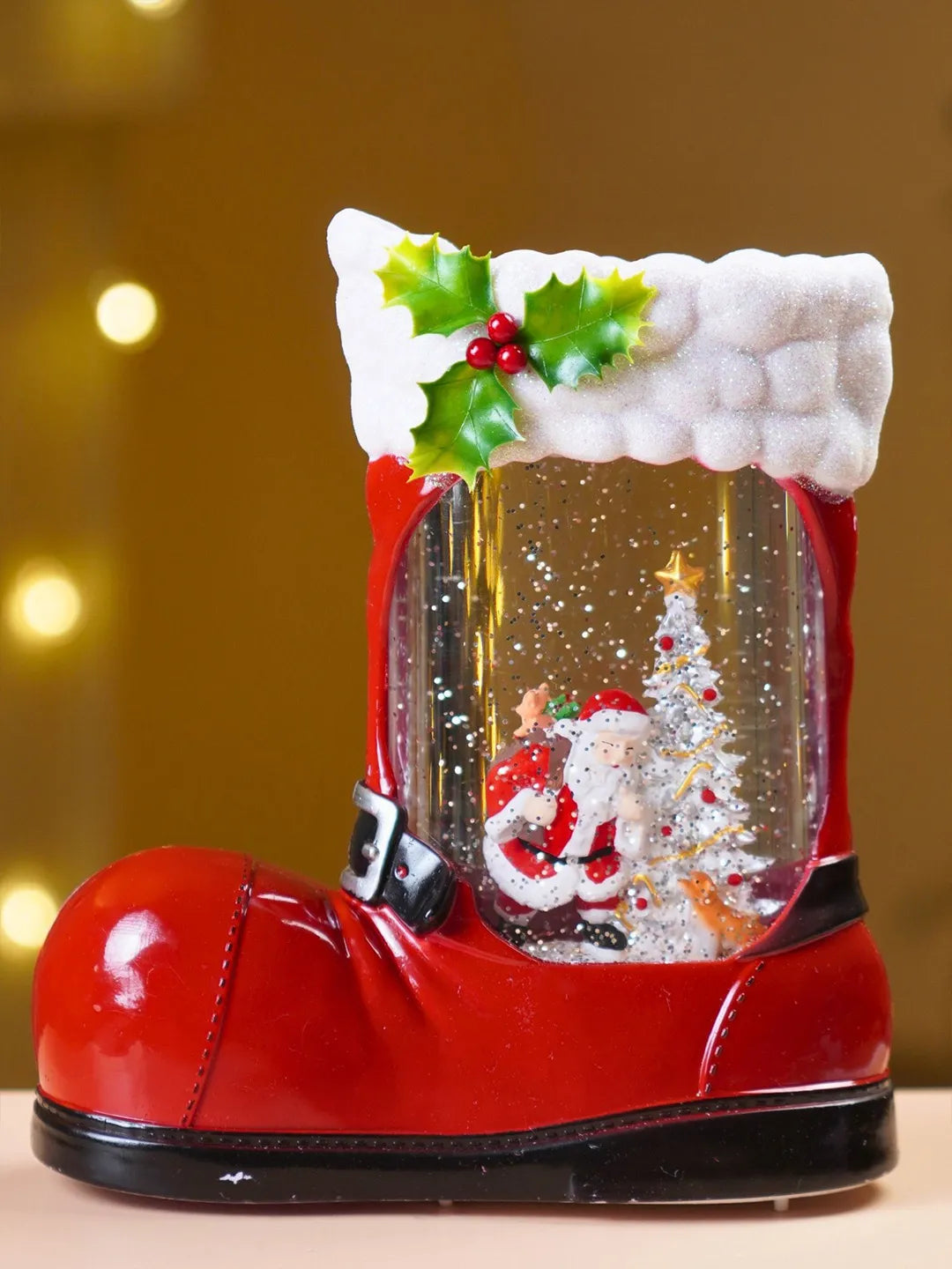 Santa & Snowy Tree Red Boot with Musical Glitter Water and Lights, Christmas Home Décor